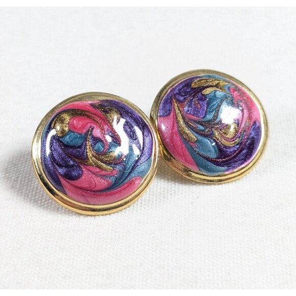 Jewelry - Vintage swirl enamel button earrings for pierced ears, pink purple gold metal